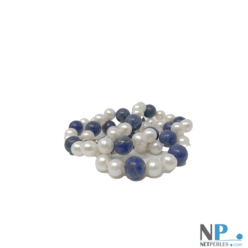 Collana di perle di coltura d'acqua dolce bianche AA+ e Lapislazzuli